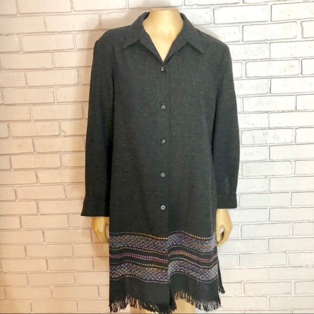 T. Garment Woven Border‎ Fringe Hem Button Down Jacket Charcoal Grey | Size M